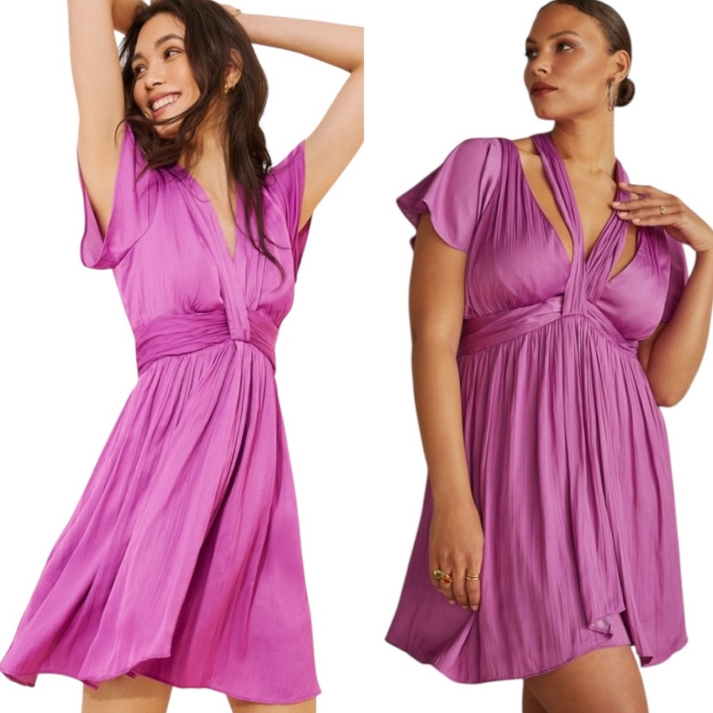 Anthropologie Deep V-Neck Vibrant Magenta Purple Satin A-Line Mini Dress - 6